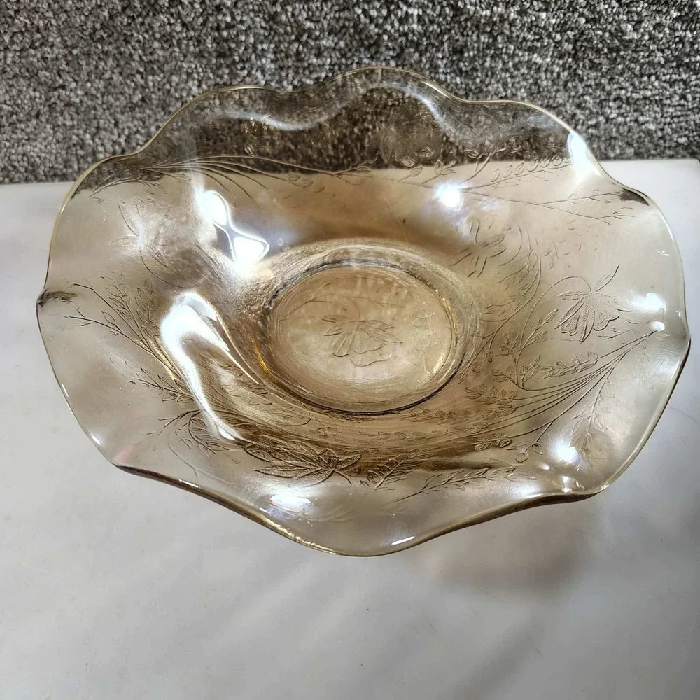 Vintage Glass Bowl Amber Floral Etched Ruffled Edge Serving Dish 10